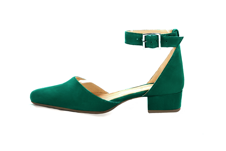 Emerald green open side elegant shoes, with a strap around the ankle. Round toe. Low block heels. - Florence KOOIJMAN